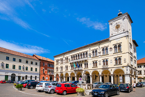 Palazzo dei Rettori overlooks Piazza Duomo, the political heart of Belluno, a mountain city located in the Dolomiti Bellunesi National Park. People.
