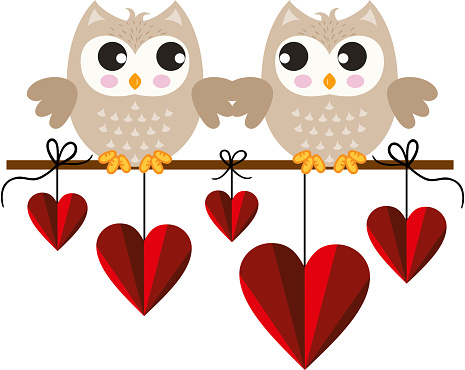 Scalable vectorial representing a cute owls in love sitting on branch with heart shaped leaves, element for design, illustration isolated on white background.