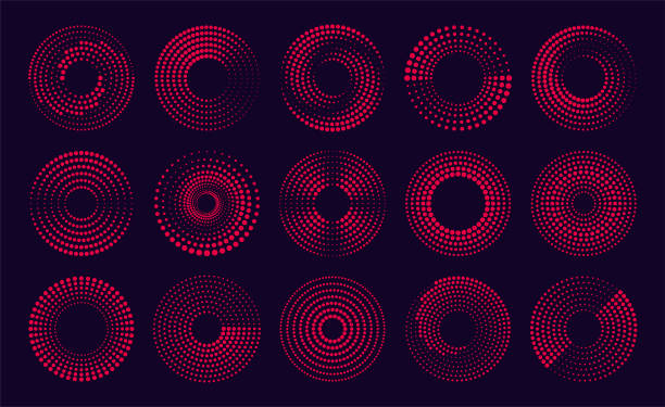 Circle design elements Set of different dotted circles. Round vector elements for design. Halftone effect. Red design elements on a black background. water rings stock illustrations