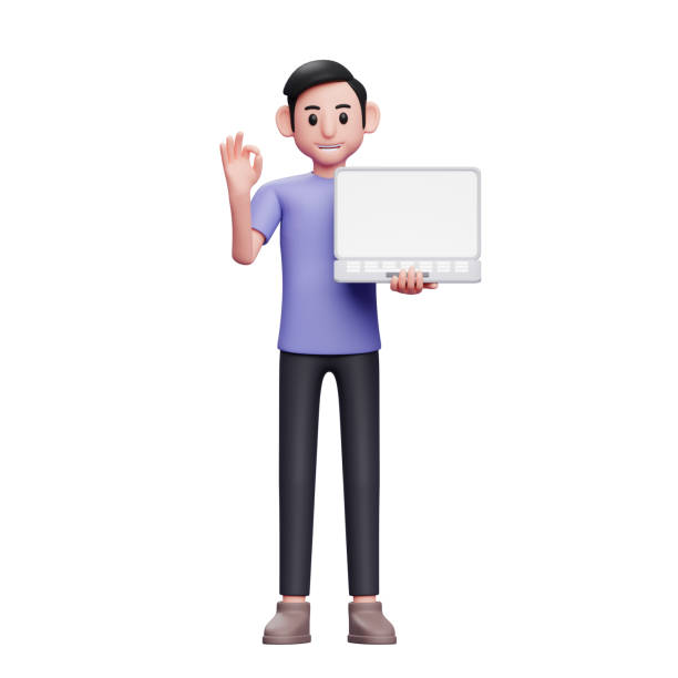 istock man standing holding laptop while giving ok sign with hand 3d render character illustration 1365322829