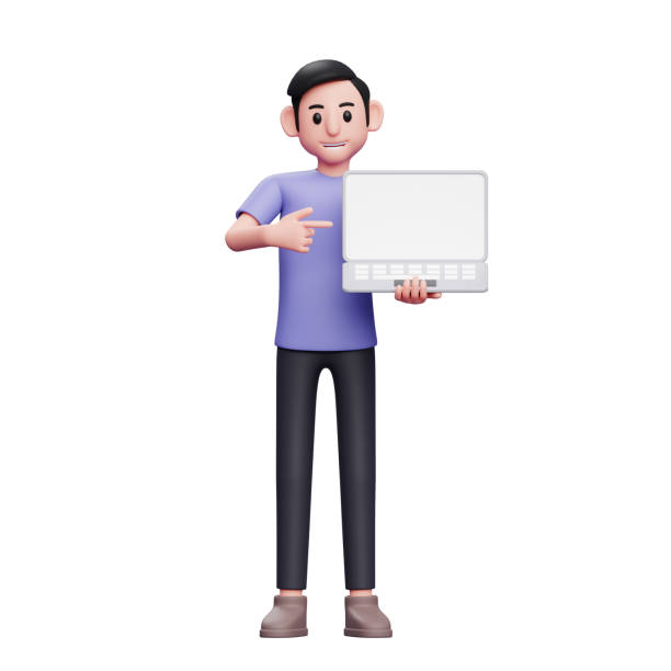istock casual man standing holding laptop and pointing at laptop screen 3d render character illustration 1365322930