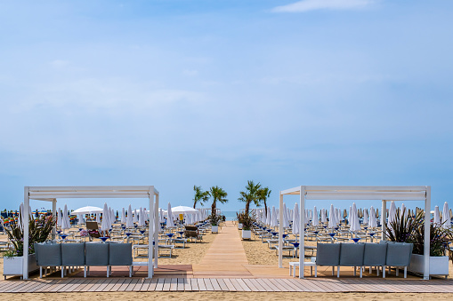 Beach clubs in Bibione, one of the main destinations of summer tourism on the Adriatic riviera of Veneto