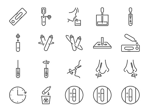 ATK test line icon set. Included the icons as RT PCR, Rapid test, COVID-19, saliva test, and more.