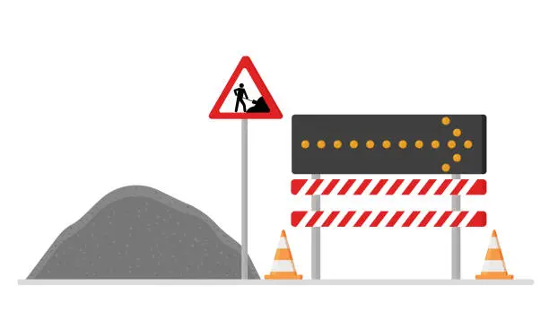Vector illustration of Road works, repairs. Installed fences, a detour direction indicator. Warning road signs.