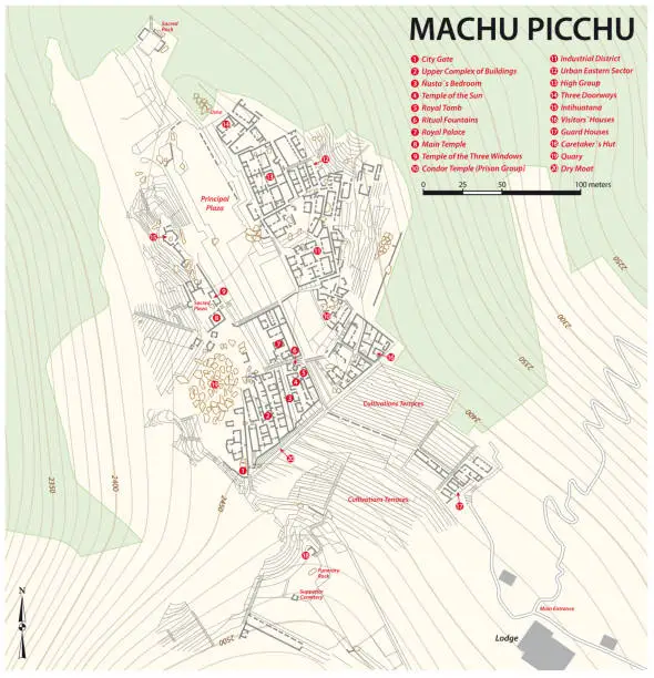 Vector illustration of Map of the Inca Ruin City Machu Picchu, Cusco, Peru