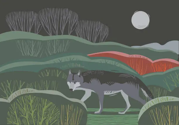 Vector illustration of Countryside scene with Wolf