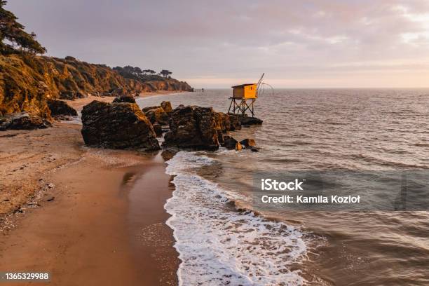 Nfrench Oceanfront Landscape Oceanfront Fish Cabins In France Stock Photo - Download Image Now