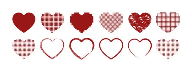Vector illustration of Set of red hearts Hearts icon collection Valentine's day frame Pixel heart design
