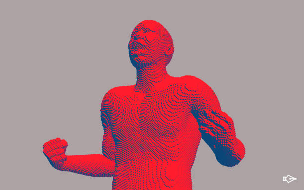 istock Man shouting and holding fists. Emotional overwhelmed guy yelling. Life perception or achievement concept. Come on, you can do it! Voxel art. 3D vector illustration. 1365331236