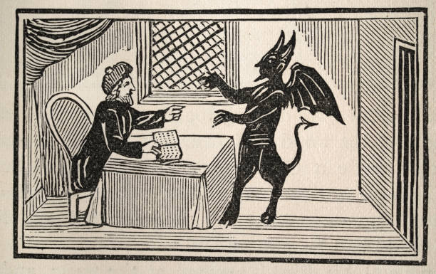 ilustrações de stock, clip art, desenhos animados e ícones de mephistopheles comes to doctor john faustus house, faust, demon legend - faust