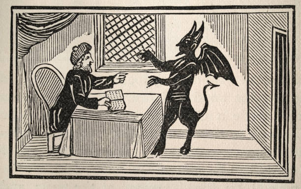 Vintage illustration of from an 18th Century Chapbook, Doctor John Faustus. Johann Georg Faust (c. 1480 or 1466 – c. 1541), also known in English as John Faustus, was a German itinerant alchemist, astrologer and magician of the German Renaissance.