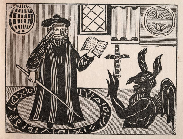 faust, doktor johannes faustus, beschwörung des teufels, beschwörung, beschwörung, geschützt durch magische schutzbefohlene - dämon stock-grafiken, -clipart, -cartoons und -symbole