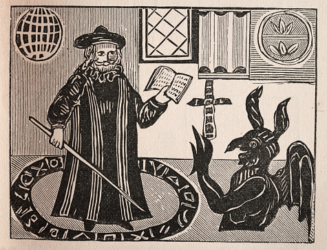 Vintage illustration of from an 18th Century Chapbook, Doctor John Faustus. Johann Georg Faust (c. 1480 or 1466 – c. 1541), also known in English as John Faustus, was a German itinerant alchemist, astrologer and magician of the German Renaissance.
