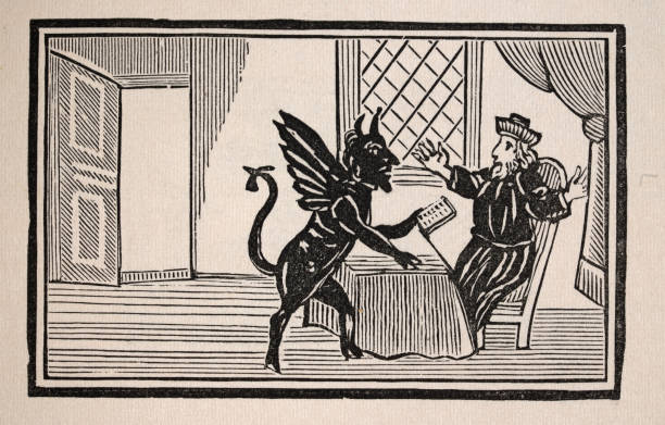 фауст, доктор джон фауст, предупрежден демоном о своей гибели - faust stock illustrations