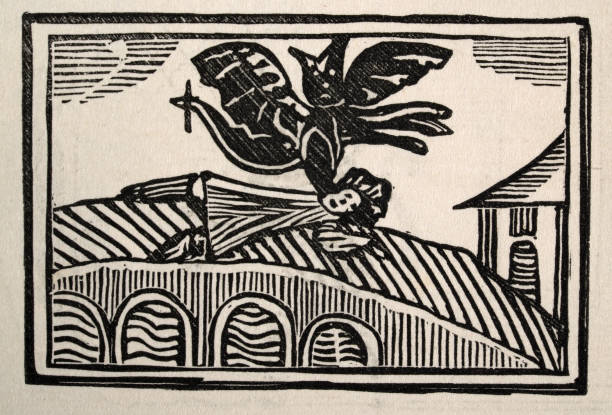фауст, доктор иоанн фауст, унесенный в ад демоном, дьяволом - faust stock illustrations