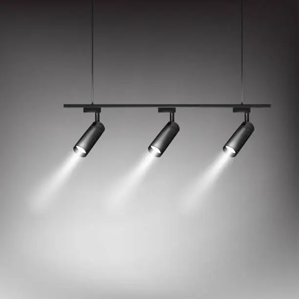 Vector illustration of Modern track light. Hanging rotating spot light. Pendant interior spotlight. Black metal lamp. Realistic vector illustration