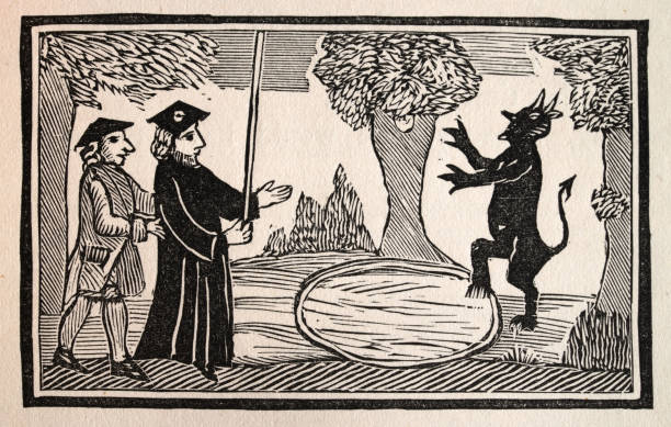 ilustrações de stock, clip art, desenhos animados e ícones de doctor john faustus raises the devil, evil, black magic ritual, spell - faust