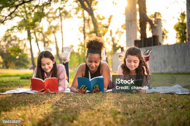 Student Girl Lie Down Reading Book With Sunset In The School Park Stock Photo - Download Image Now