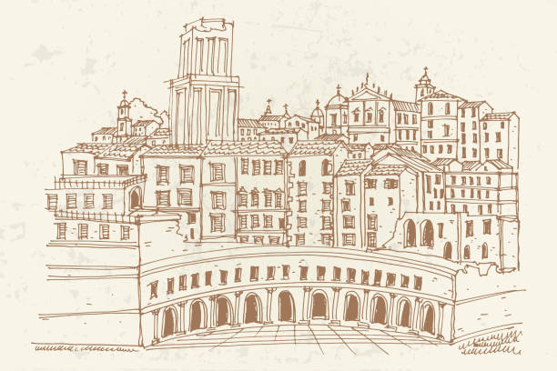 illustrazioni stock, clip art, cartoni animati e icone di tendenza di schizzo vettoriale dei mercati traianei. roma. italia. - roman city