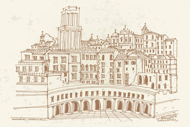 bildbanksillustrationer, clip art samt tecknat material och ikoner med vector sketch of trajan's market (mercati traianei). rome. italy. - ancient rome forum