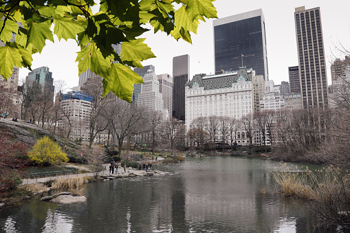 Manhattan, New York City, NY, USA, 1988. New York's Battery Park in Spring. Also: visitors, locals and high-rise office buildings.