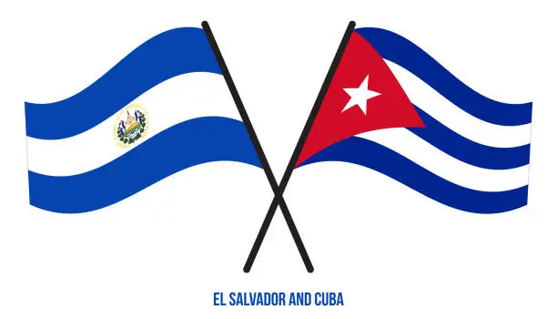 Vector illustration of El Salvador and Cuba Flags Crossed And Waving Flat Style. Official Proportion. Correct Colors.