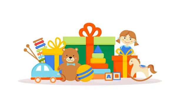 Vector illustration of oys on the background of gift boxes. Bithday gifts.Colorful boxes with presents. Teddy bear, doll, car, ball, horse, pyramid, cubes, ksilofon. Poster, banner, card for store, shop.