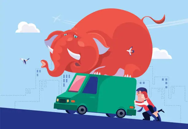 Vector illustration of business couple delivering elephant on van