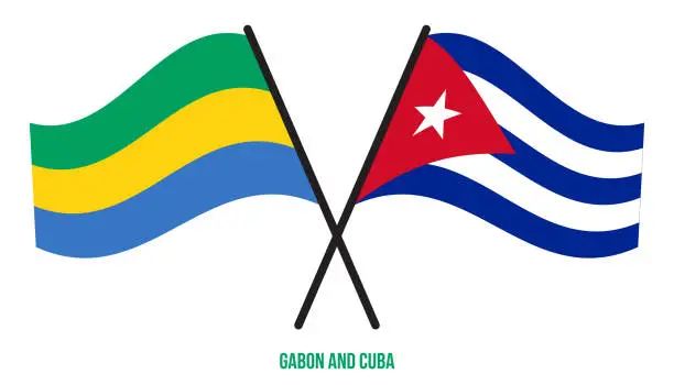 Vector illustration of Gabon and Cuba Flags Crossed And Waving Flat Style. Official Proportion. Correct Colors.