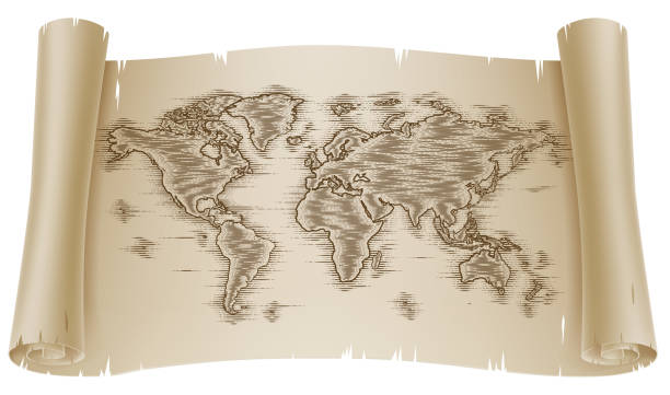 ilustrações de stock, clip art, desenhos animados e ícones de world map drawing old woodcut engraved scroll - old scroll illustrations