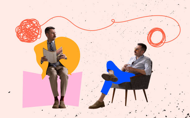 istock Sad scared young man talking with stylish twin brother on light background. Contemporary artwork. Relationship concept 1365340252
