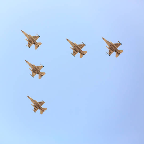 Five F16 BEER-SHEBA, ISRAEL - may, 02, 2017: Five israeli air force F16 at Independence Day aerobatics photos stock pictures, royalty-free photos & images