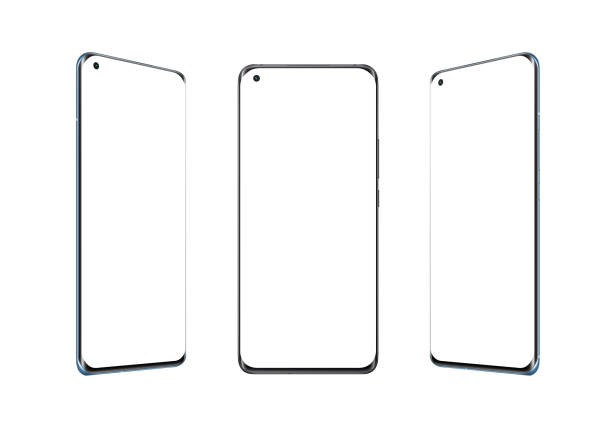 istock Phone isolated in three positions. Isolated display and background for app design presentation. Round screen with thin edges and camera built into display 1365342561
