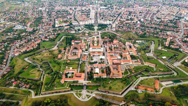 Aerial drone view of Alba Carolina Citadel in Alba-Iulia, Romania. Cityscape, multiple buildings Aerial drone view of Alba Carolina Citadel in Alba-Iulia, Romania. Cityscape, multiple buildings