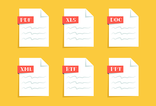 Modern flat design document icons. File format PDF, XLS, DOC, XML. RTF, PPT. Vector image