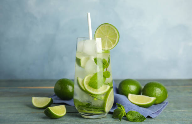 istock Delicious mojito and ingredients on blue wooden table 1365346943