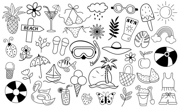 lato plaży ręcznie rysowane symbole wektorowe i obiekty w stylu doodle. - doodle fish sea sketch stock illustrations