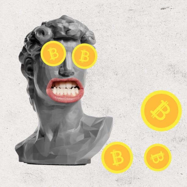 Contemporary art collage. Bust of ancient statue with bitcoin signs instead eyes. Concept of investments, cryptocurrency, mining, trading and sales, ad Bust of ancient statue with bitcoin signs instead eyes isolated on light background. Concept of investments, business, finance, cryptocurrency, mining, trading and sales, ad. Comparison of eras. bust sculpture photos stock pictures, royalty-free photos & images