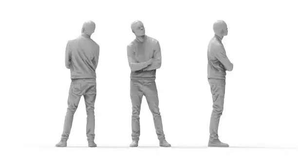 Photo of 3d rendering of a computer model of a man standing in white studio background