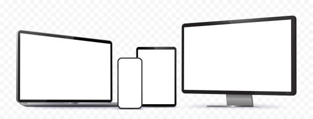 telefon komórkowy, tablet pc, monitor komputerowy i zestaw makiet wektorowych laptopa z przezroczystym tłem - projektowanie responsywnych stron obrazy stock illustrations