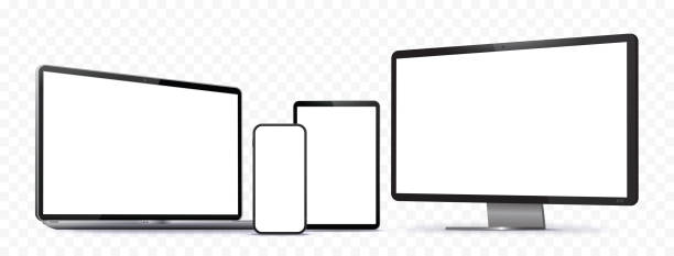 Mobile Phone, Tablet PC, Computer Monitor and Laptop Vector Mockup Set With Transparent Background Easy editable, realistic style digital devices mockup. graphics tablet stock illustrations