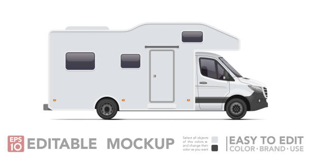 editable campervan mockup. realistick van on white background. vector illustration. collection - rv stock illustrations