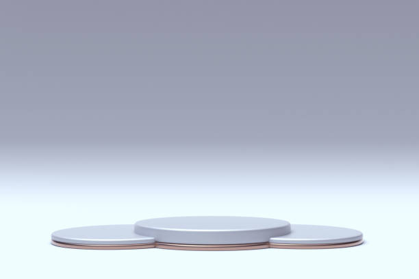 istock Minimal geometric scene with three empty round podium and copy space isolated on white background. Geometric shapes. 3d rendering. 1365354999