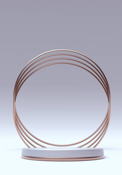 istock Minimal clean geometric vertical scene with round podium, golden ornament and copy space isolated on white background. Geometric shapes. 1365356355