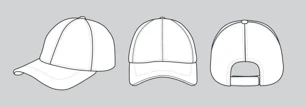 Vector illustration of White baseball cap, line vector illustration isolated on white background.