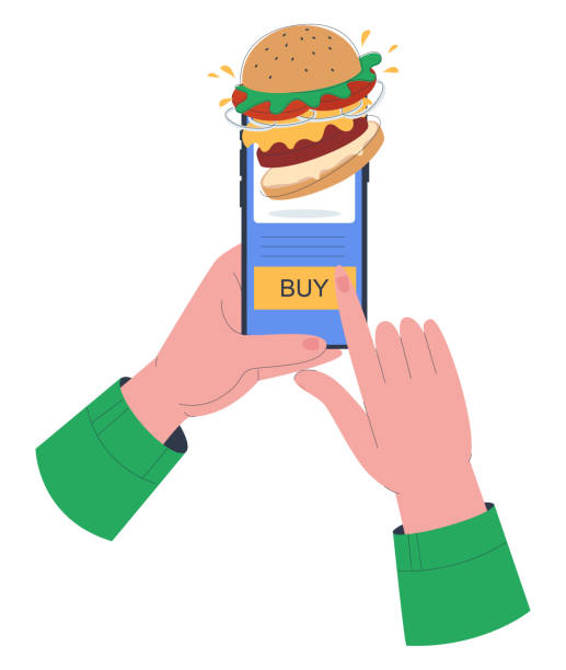 istock Juicy cheeseburger with a cutlet in the concept of ordering ready meals by phone in the application. Phone in hand. 1365358530
