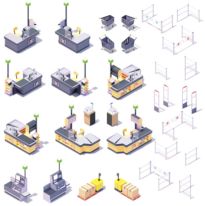 Vector isometric supermarket counters and retail equipment