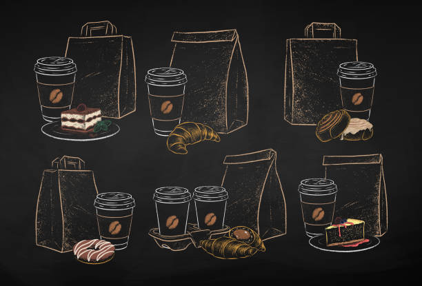 bildbanksillustrationer, clip art samt tecknat material och ikoner med coffee cups with paper bags and desserts - cinnamon buns bakery