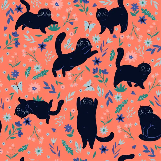 Vector illustration of Seamless pattern with black cats and flowers. Vector graphics.