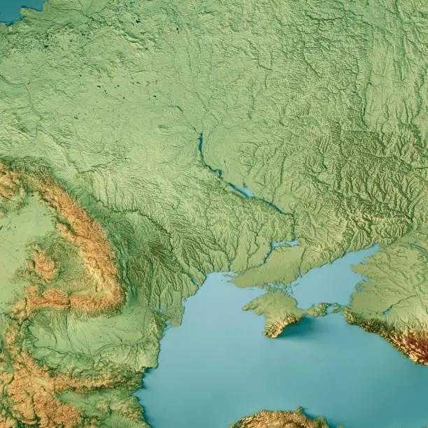 3D Render of a Topographic Map of Ukraine. 
All source data is in the public domain.
Color texture: Made with Natural Earth. 
http://www.naturalearthdata.com/downloads/10m-raster-data/10m-cross-blend-hypso/
Relief texture: SRTM data courtesy of NASA JPL (2020). URL of source image: 
https://e4ftl01.cr.usgs.gov//DP133/SRTM/SRTMGL3.003/2000.02.11
Water texture: SRTM Water Body SWDB:
https://dds.cr.usgs.gov/srtm/version2_1/SWBD/
Boundaries Level 0: Humanitarian Information Unit HIU, U.S. Department of State (database: LSIB)
http://geonode.state.gov/layers/geonode%3ALSIB7a_Gen